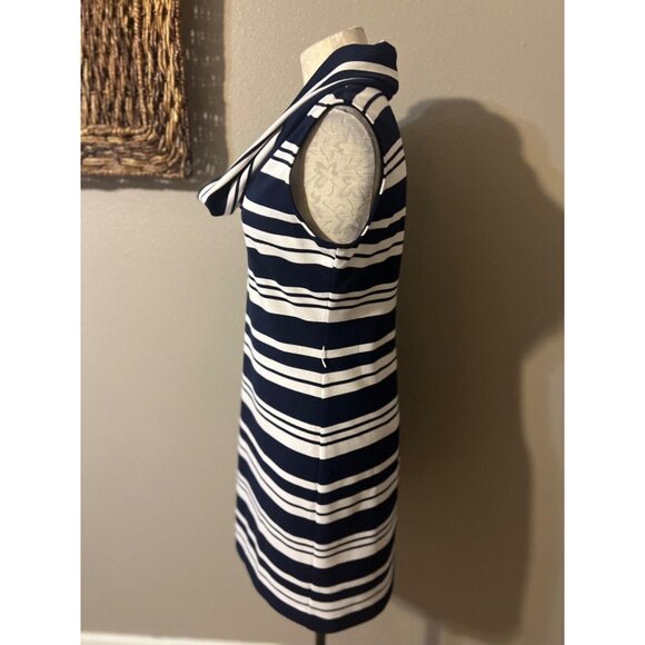 Muse Boston Proper Dress 8 Navy Blue White Stripe Collared Stretch Washable NEW - Picture 6 of 6